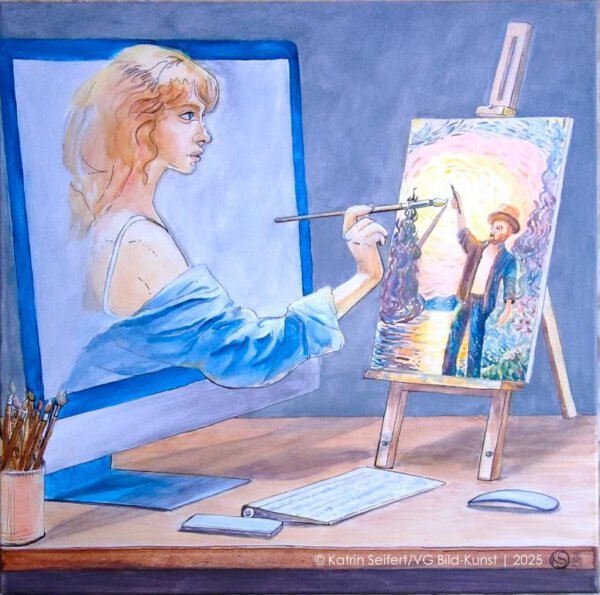 Frau aus Computer malt wie Vincent van Gogh